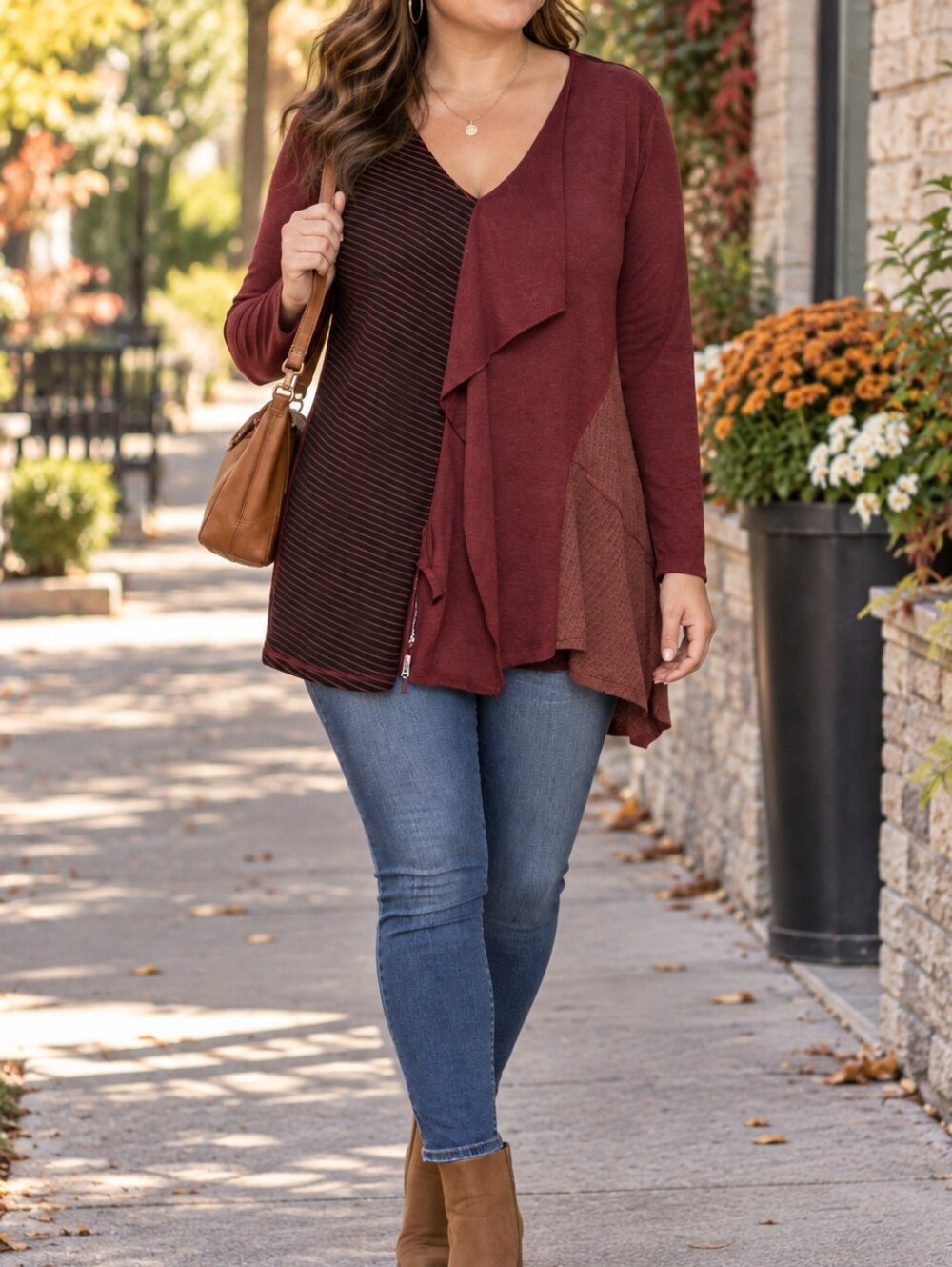 Dolcezza Burgundy Asymmetrical Mixed Panel Draped Long Sleeve Sweater Tunic